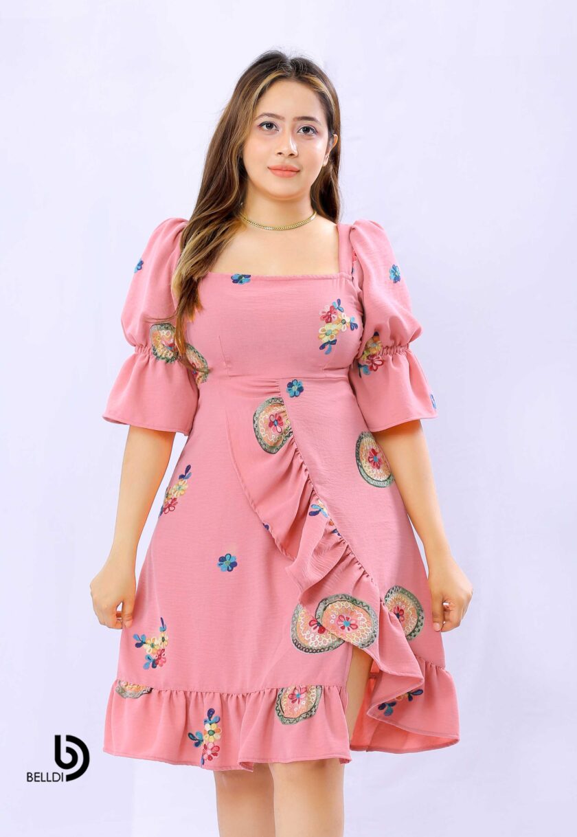 PUFF SLEEVE SQUARE NECK SHORT DRESS