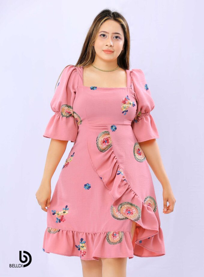 PUFF SLEEVE SQUARE NECK SHORT DRESS