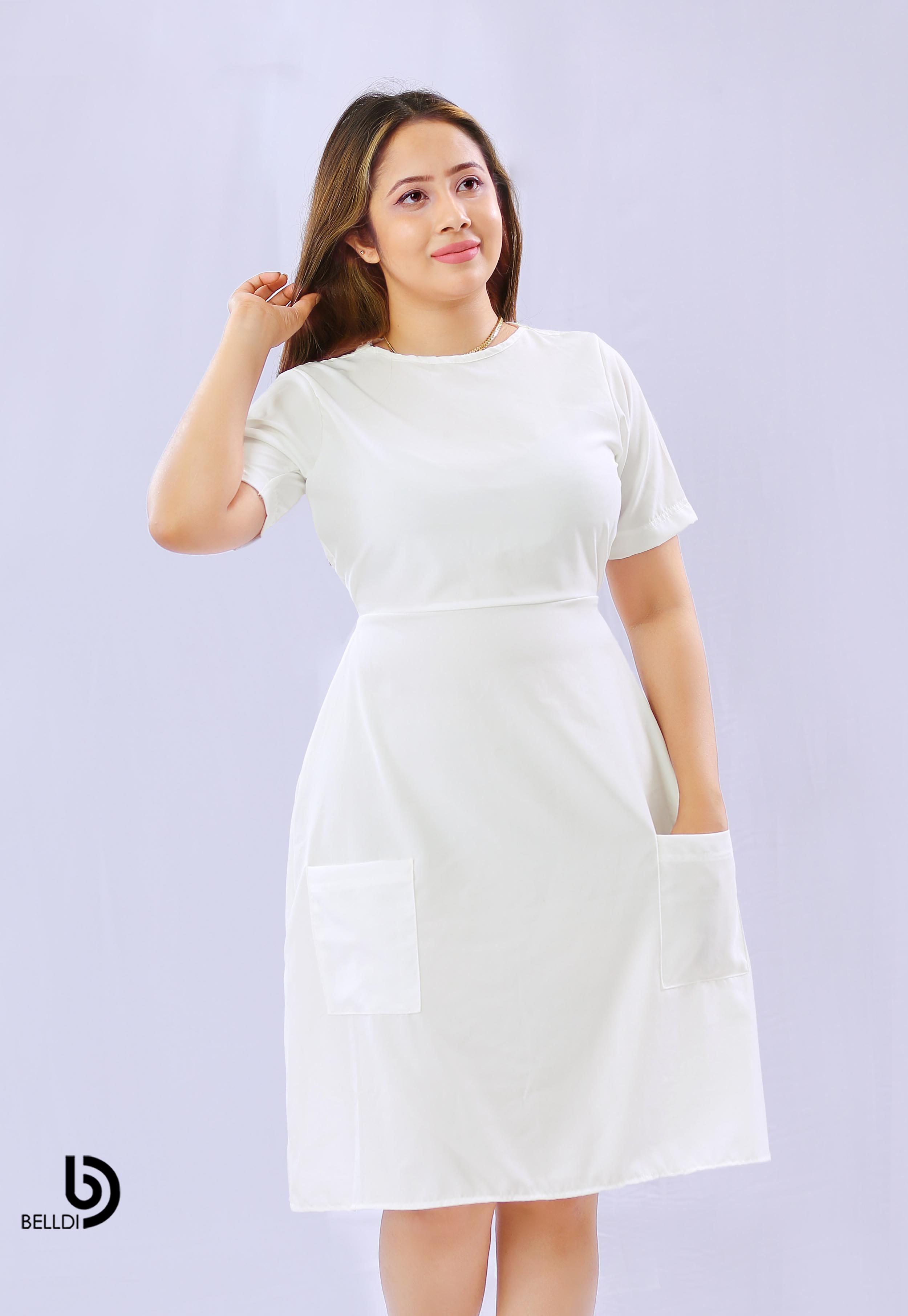 JEWEL NECK SHORT SLEEVE WHITE SHORT DRESS