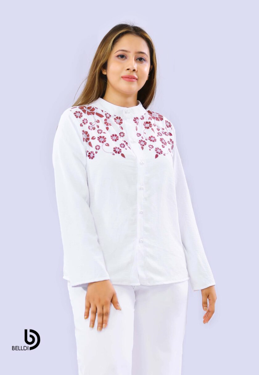 PRINTED MANDARIN COLLAR LONG SLEEVE BLOUSE