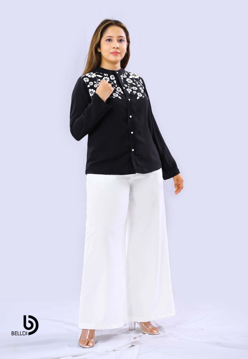 PRINTED MANDARIN COLLAR LONG SLEEVE BLOUSE