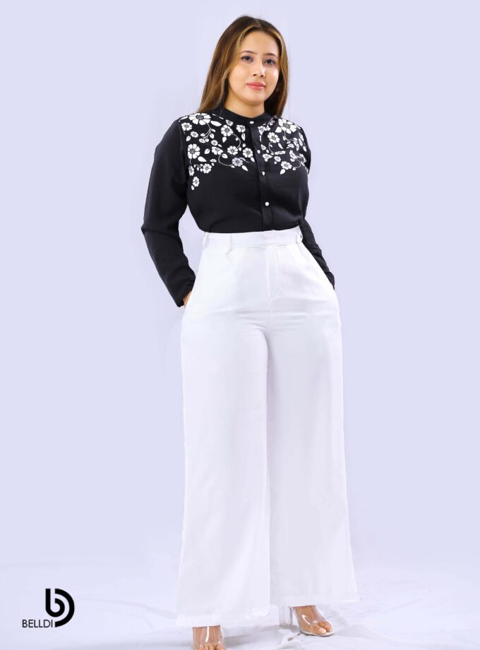 PRINTED MANDARIN COLLAR LONG SLEEVE BLOUSE
