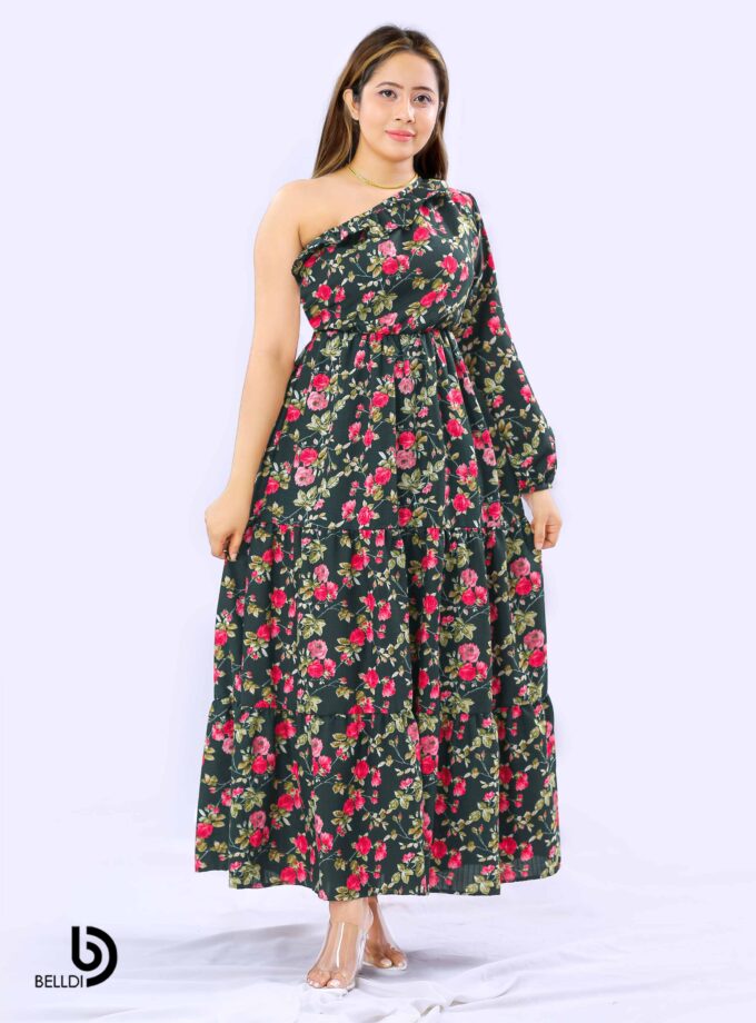 ONE SHOULDER FLORAL LONG DRESS