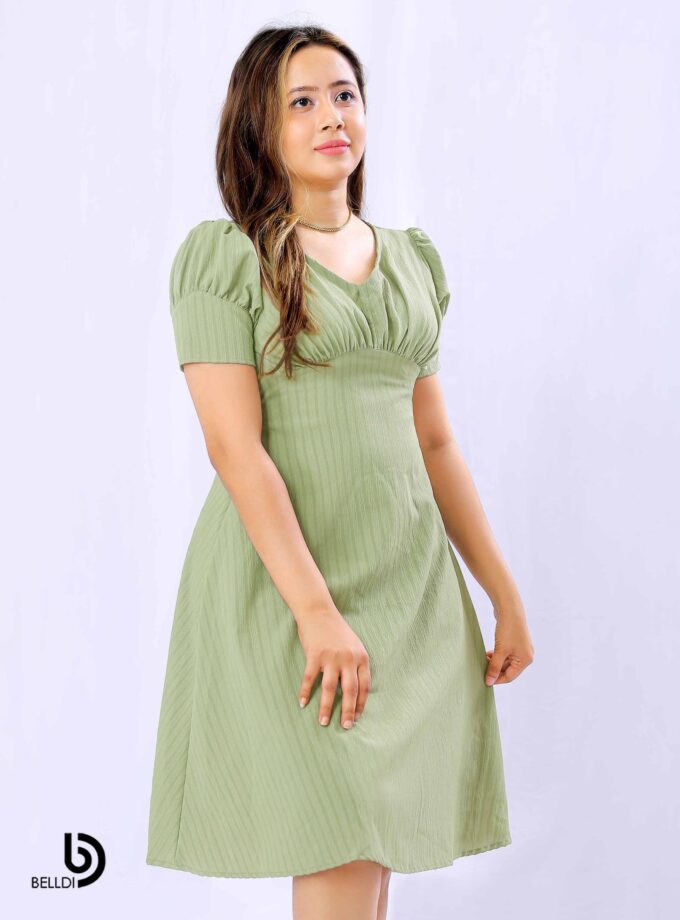 PUFF SLEEVE V-NECK SHORT DRESS
