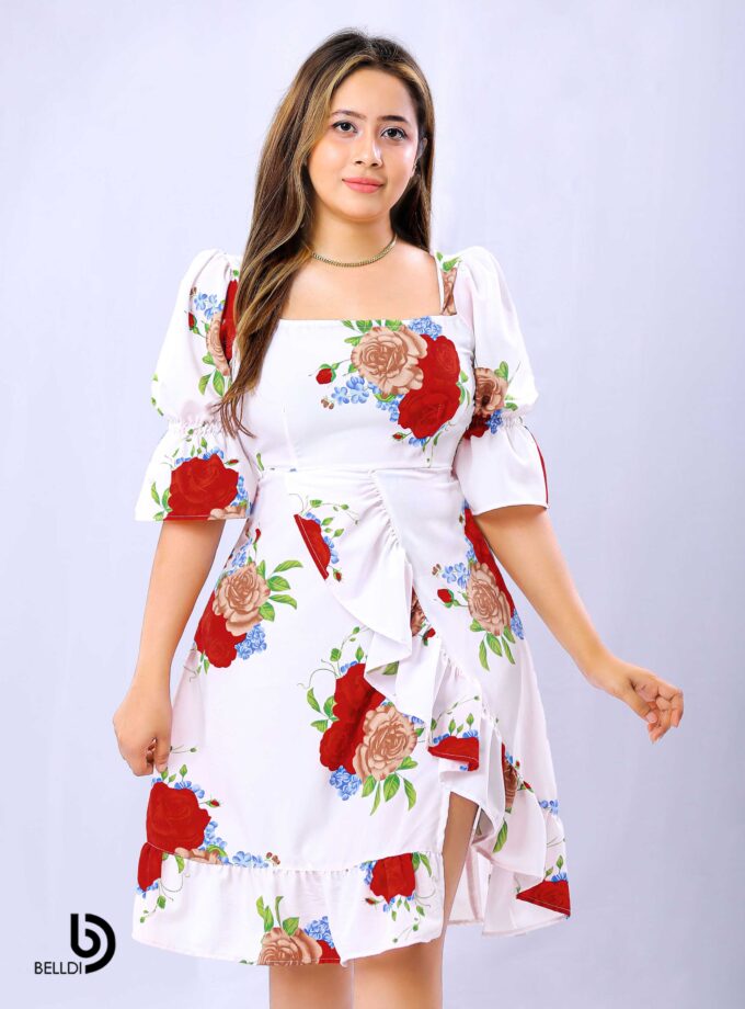 PUFF SLEEVE SQUARE NECK SHORT DRESS