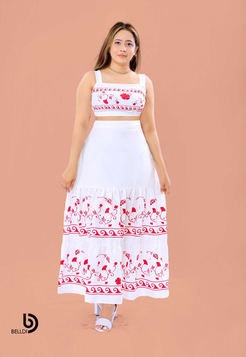 SQUARE NECK SPAGHETTI STRAPS PRINTED TOP AND PRINTED LONG SKIRT