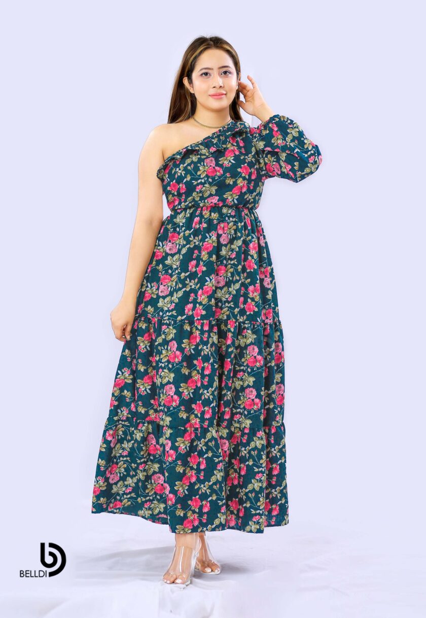 ONE SHOULDER FLORAL LONG DRESS