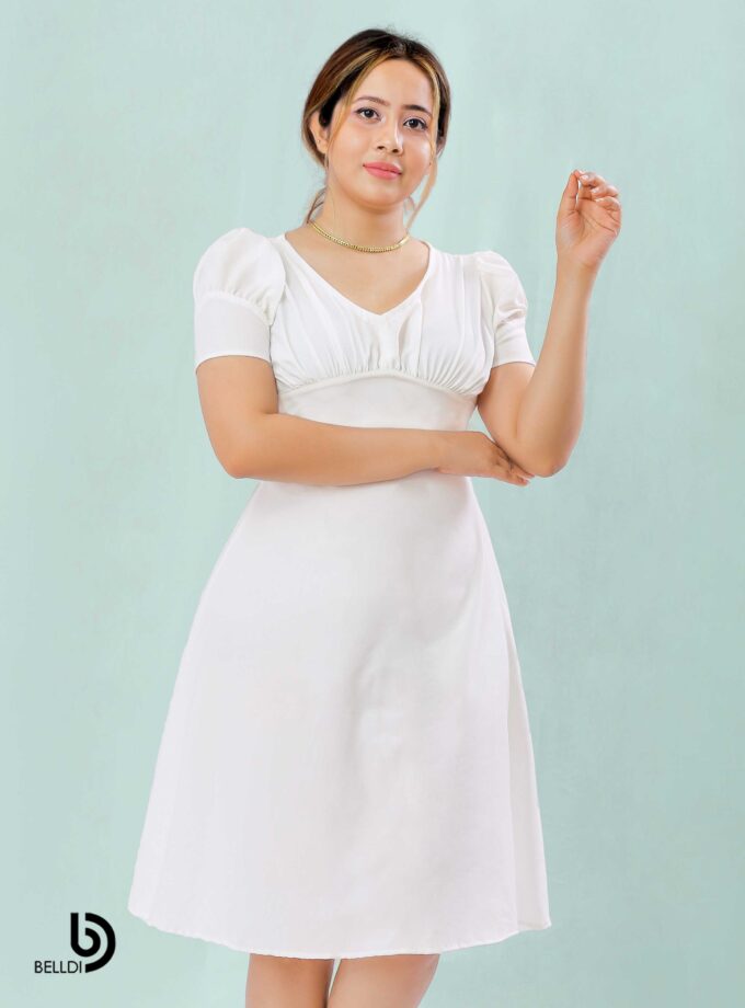 PUFF SLEEVE V-NECK WHITE SHORT DRESS