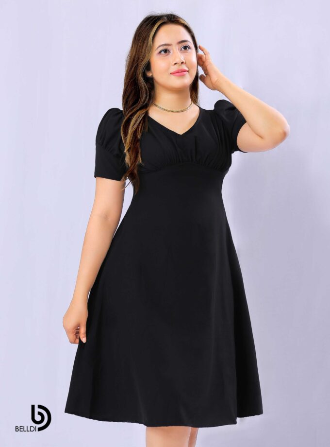 PUFF SLEEVE V-NECK BLACK SHORT DRESS