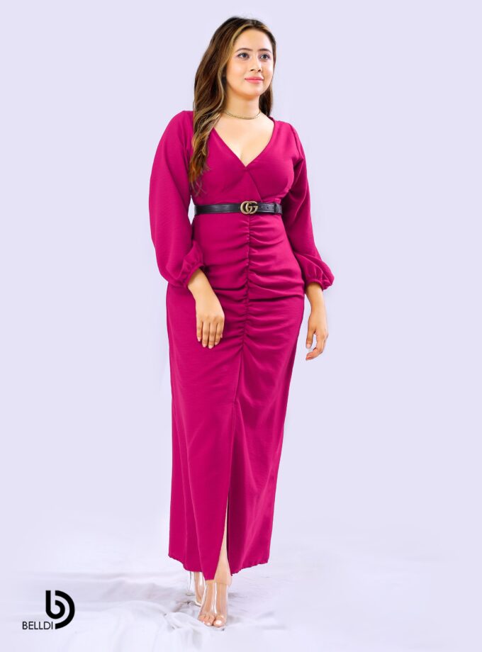 CROSS NECK LONG SLEEVE FRONT SPLIT LONG DRESS