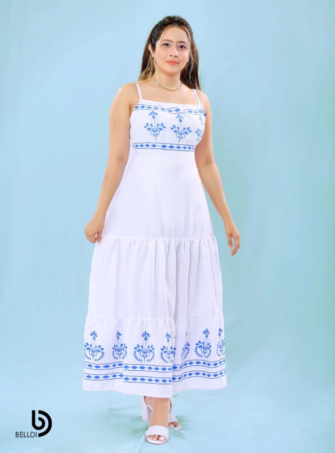 SQUARE NECK SPAGHETTI STRAPS PRINTED WHITE LONG DRESS