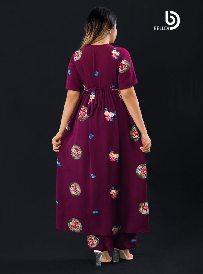 SHORT SLEEVE EMBROIDERED LONG TOP AND HIGH WAIST PANT