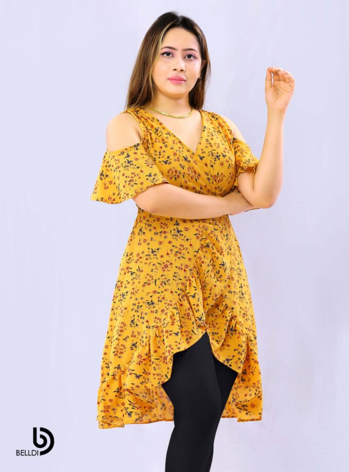 COLD SHOULDER SHORT SLEEVE YELLOW SHORT DRESS