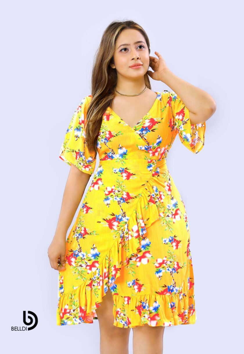 BUTTERFLY SLEEVE CROSS NECK FLORAL SHORT DRESS