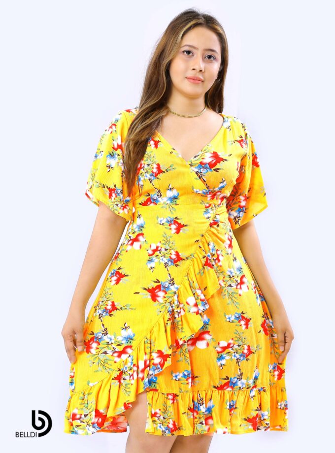 BUTTERFLY SLEEVE CROSS NECK FLORAL SHORT DRESS