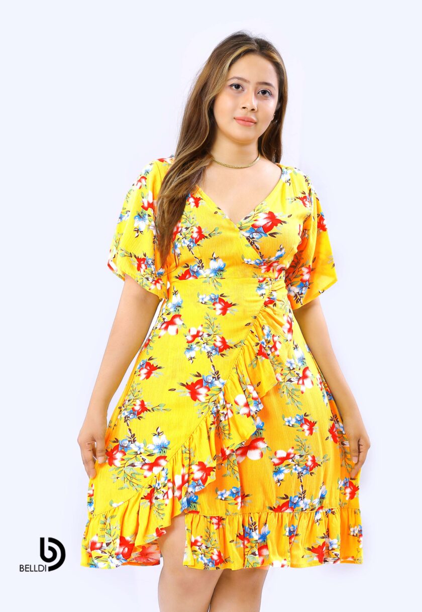BUTTERFLY SLEEVE CROSS NECK FLORAL SHORT DRESS - Image 2