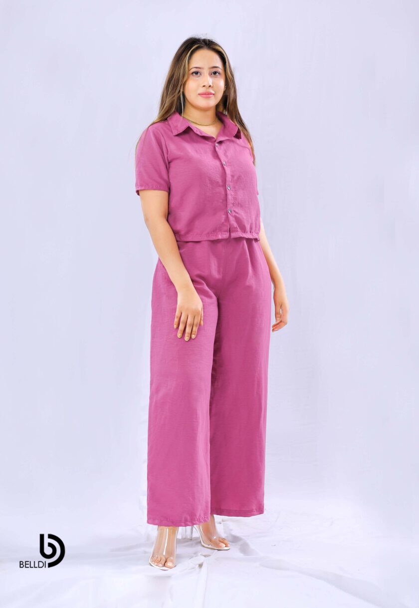 SHORT SLEEVE FRONT OPENED TOP WITH HIGH WAIST PANT