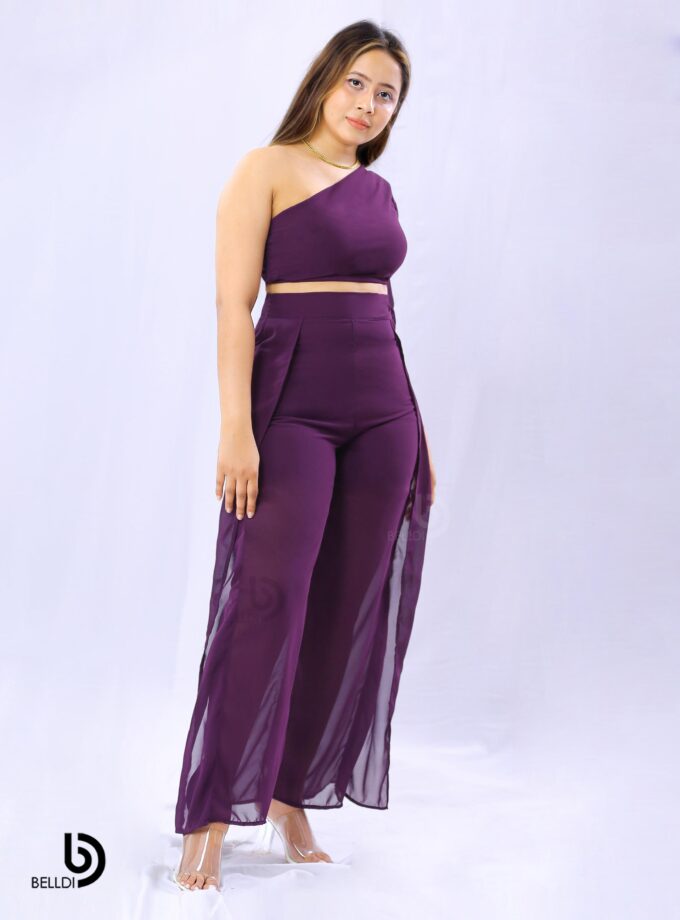ONE SHOULDER LONG SLEEVE TOP WITH PALAZZO HIGH WAIST PANT
