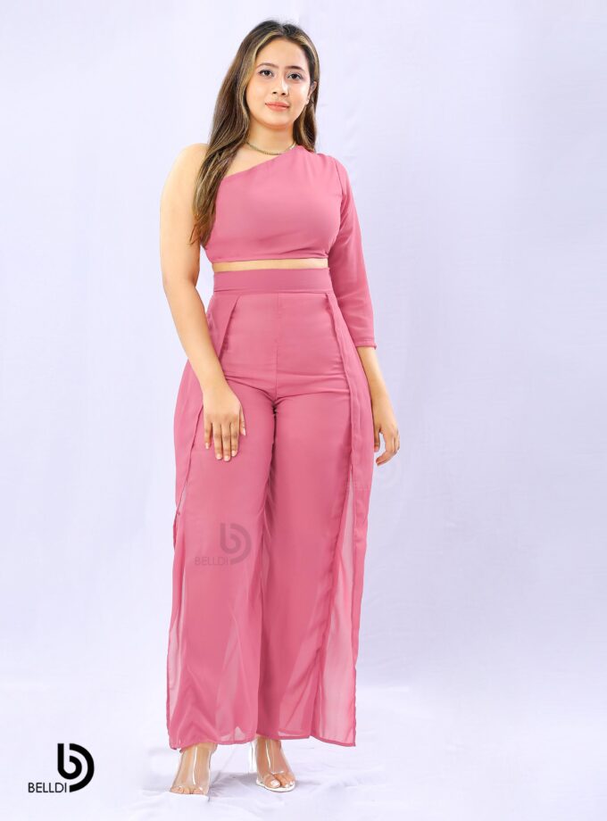 ONE SHOULDER LONG SLEEVE TOP WITH PALAZZO HIGH WAIST PANT
