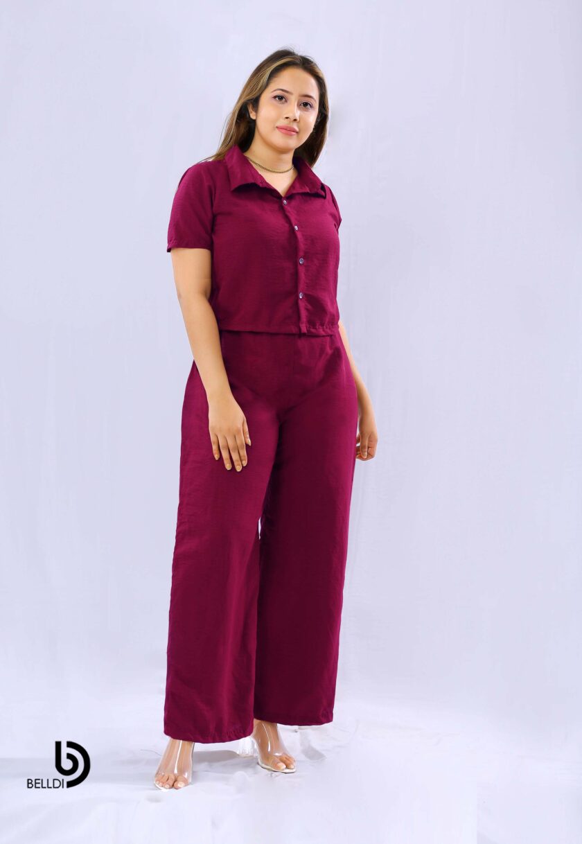 SHORT SLEEVE FRONT OPENED TOP WITH HIGH WAIST PANT