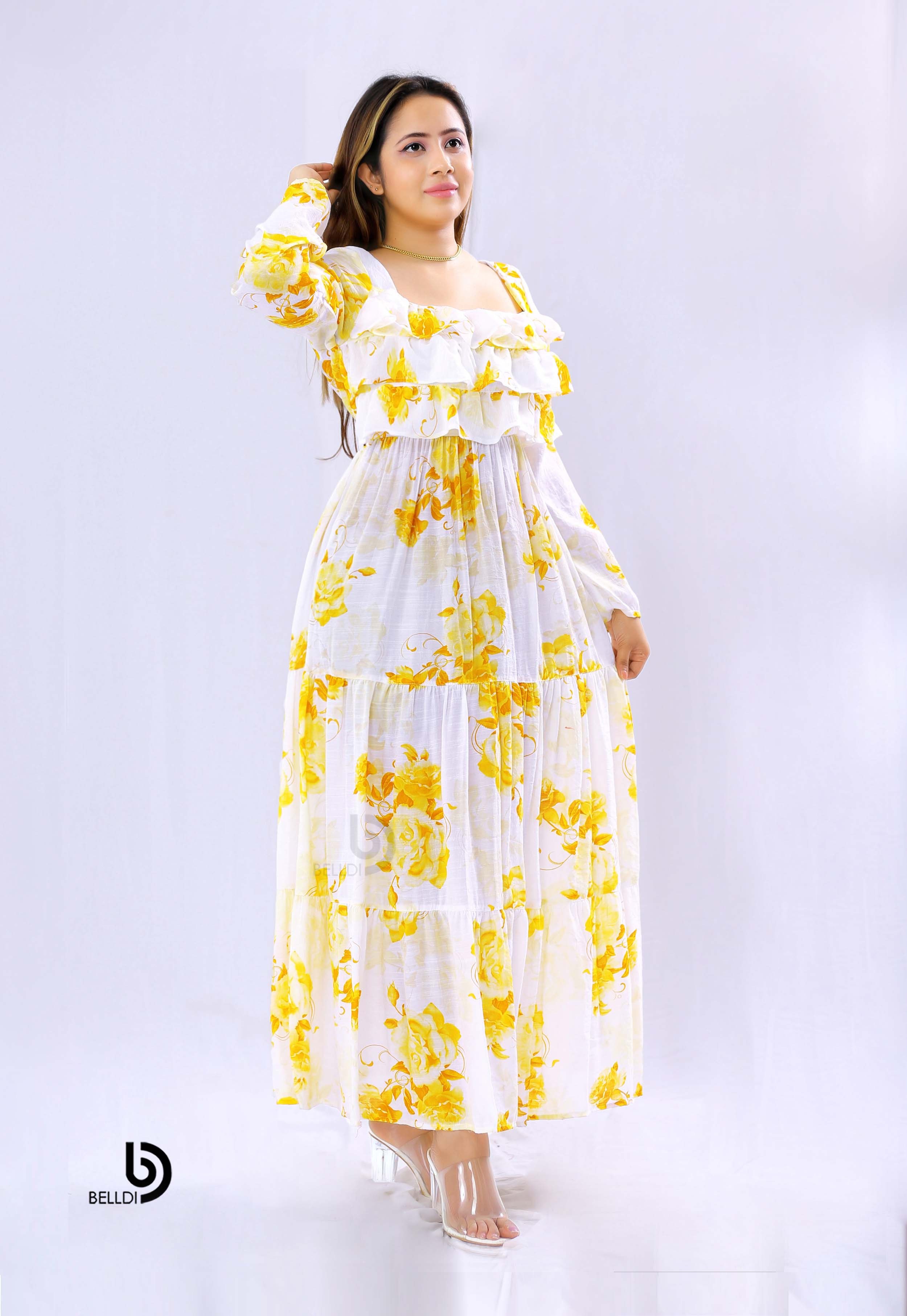 LONG SLEEVE LAYERED RUFFLE MAXXI DRESS