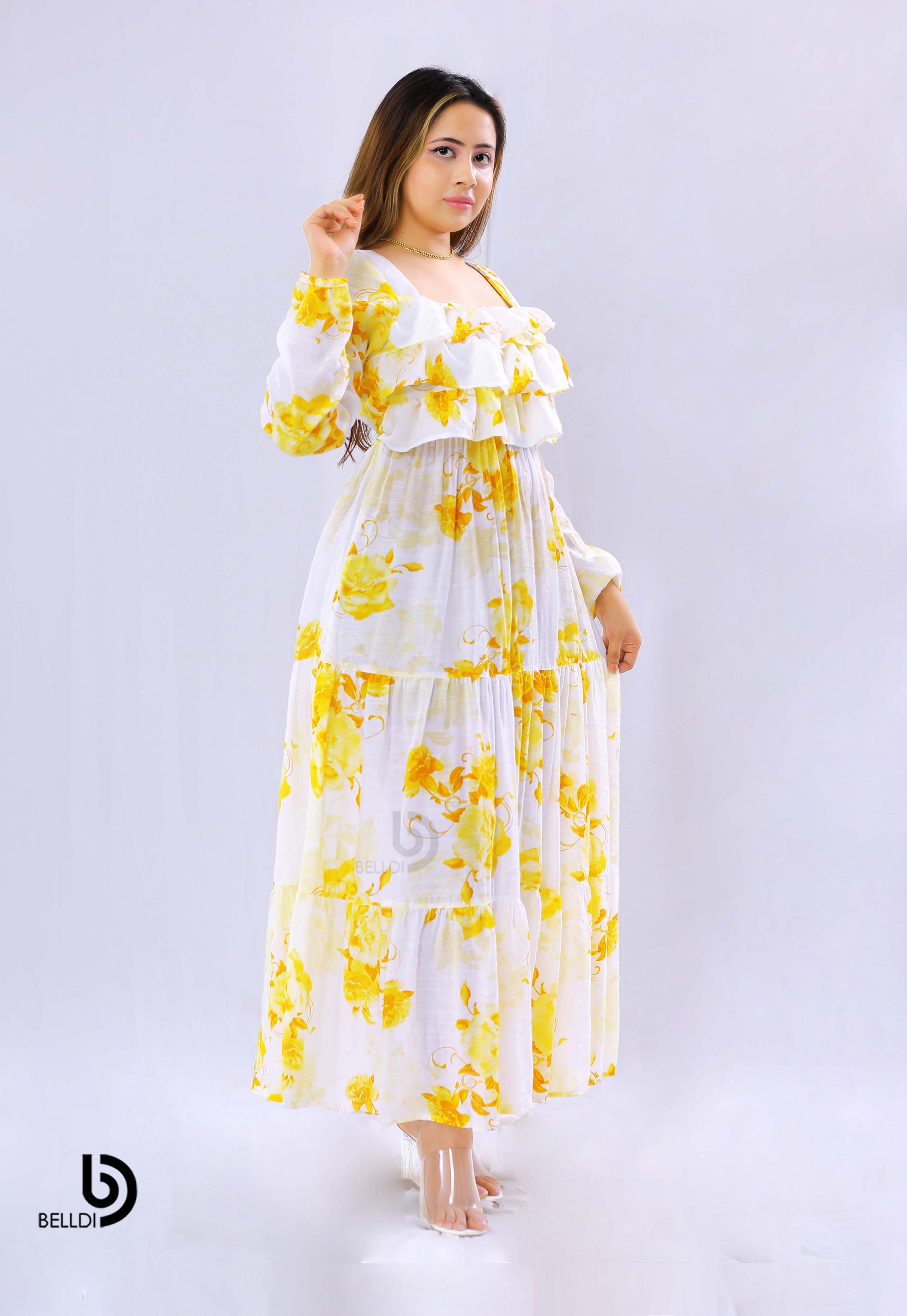 LONG SLEEVE LAYERED RUFFLE MAXXI DRESS - Image 2