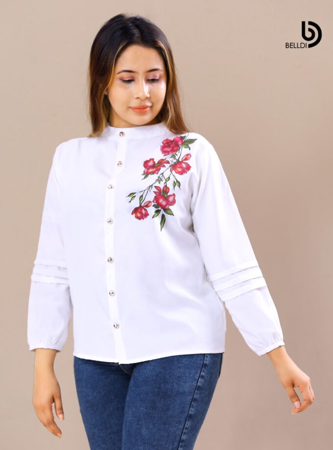 PRINTED MANDARIN COLLAR LONG SLEEVE WHITE BLOUSE