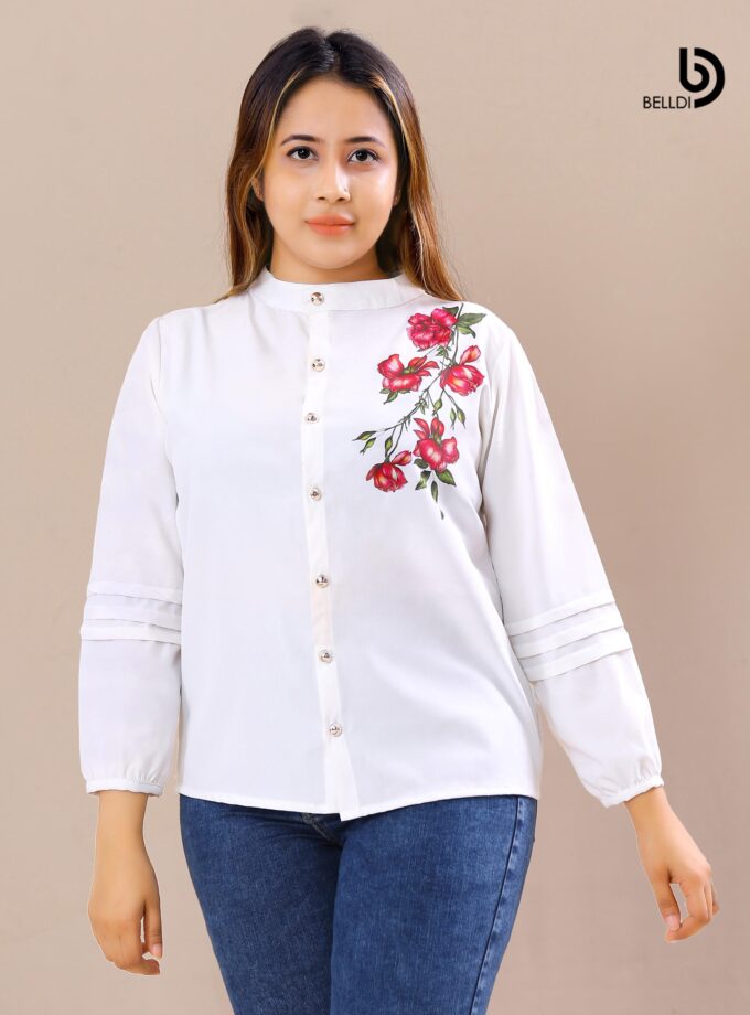PRINTED MANDARIN COLLAR LONG SLEEVE WHITE BLOUSE