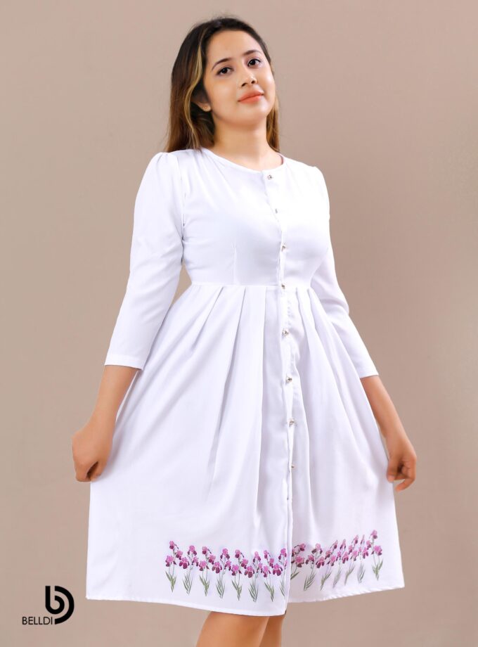 JEWEL NECK FRONT BUTTON WHITE SHORT DRESS