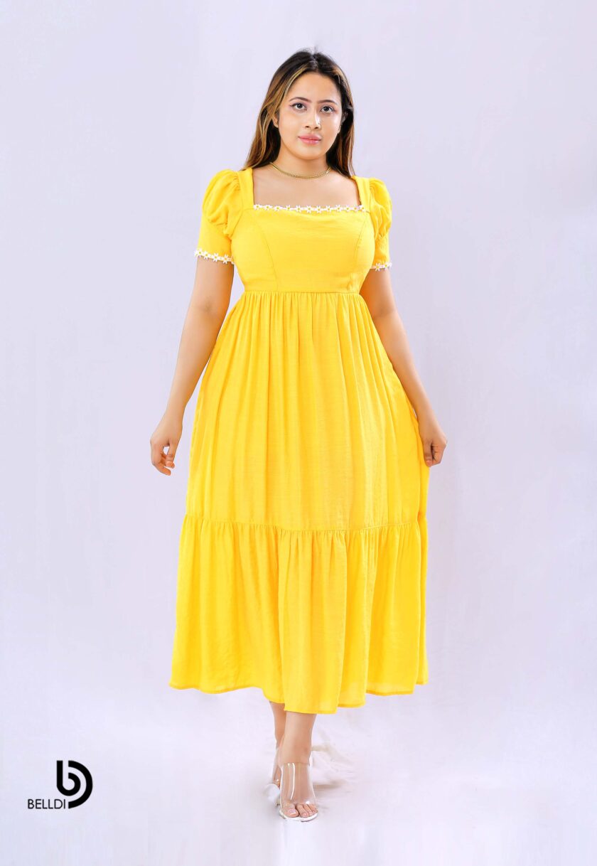 PUFF SLEEVE SQUARE NECK LONG DRESS