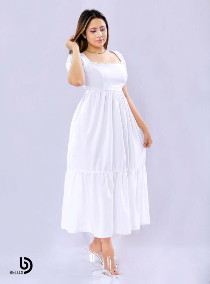 PUFF SLEEVE SQUARE NECK WHITE LONG DRESS