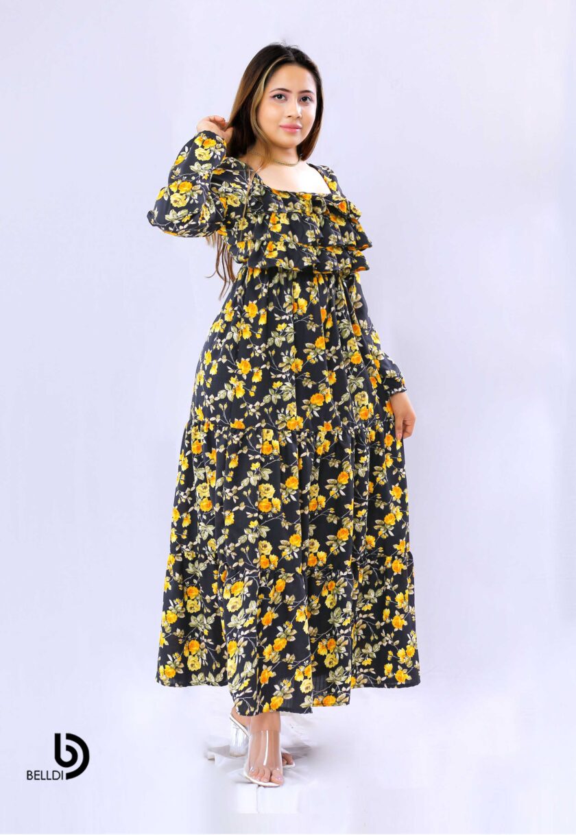 LONG SLEEVE LAYERED RUFFLE MAXXI DRESS