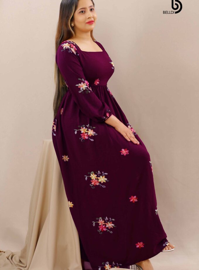 BISHOP SLEEVE EMBROIDERED SQUARE NECK LONG BLACK DRESS