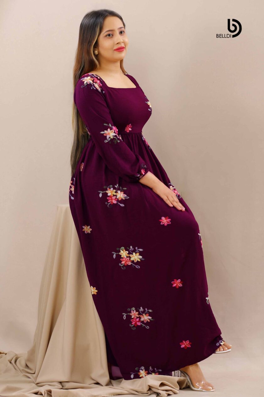 BISHOP SLEEVE EMBROIDERED SQUARE NECK LONG BLACK DRESS - Image 2