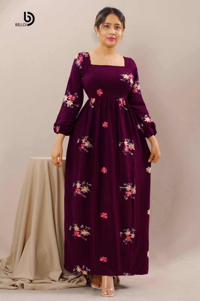 BISHOP SLEEVE EMBROIDERED SQUARE NECK LONG BLACK DRESS