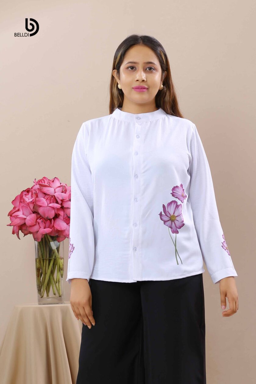 PRINTED MANDARIN COLLAR LONG SLEEVE WHITE BLOUSE