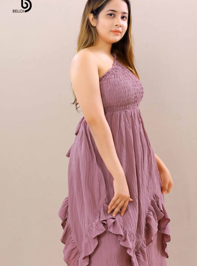 ONE SHOULDER SMOCKED LONG DRESS