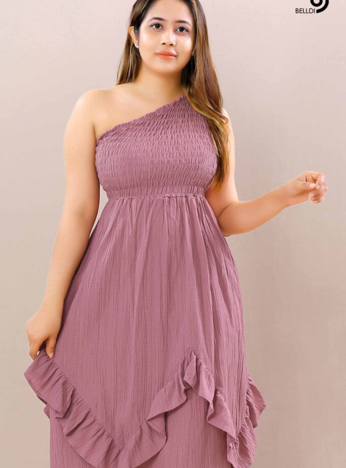 ONE SHOULDER SMOCKED LONG DRESS
