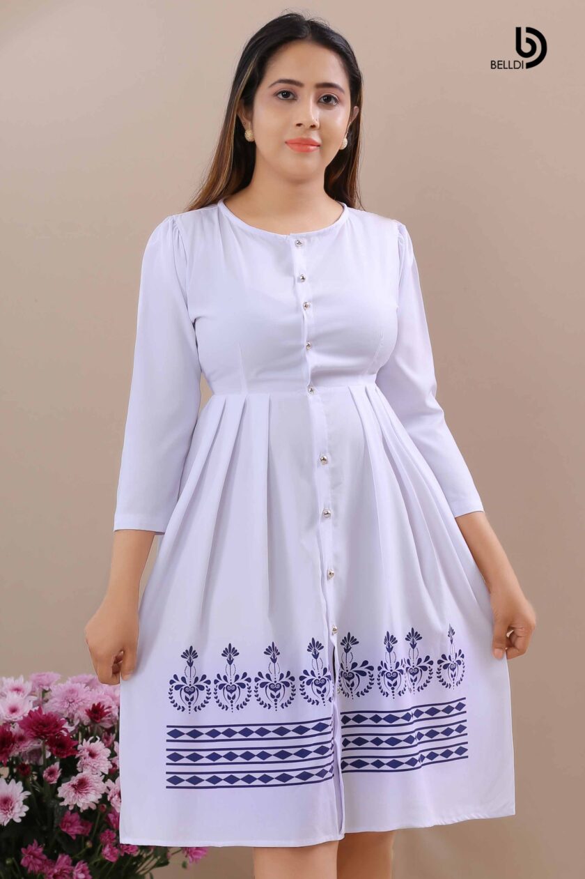 JEWEL NECK FRONT BUTTON WHITE SHORT DRESS