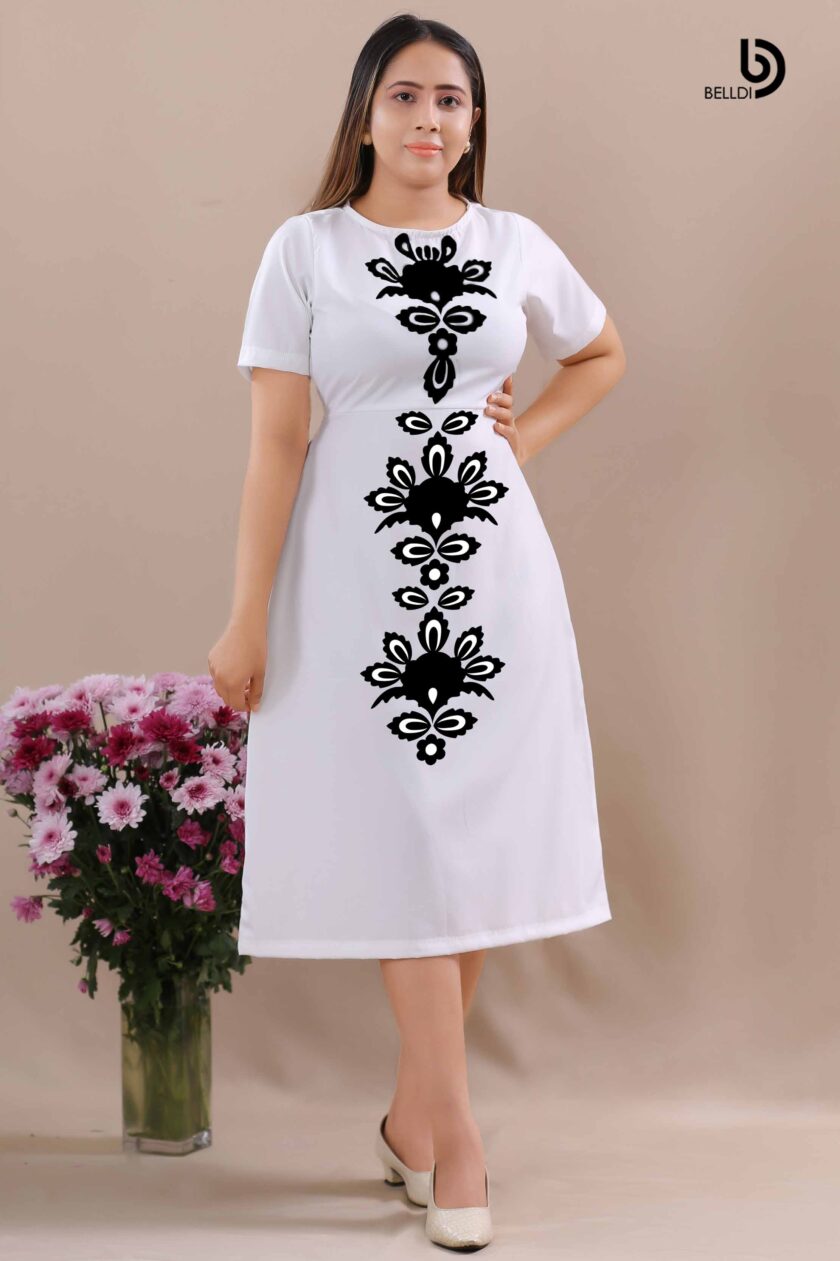 JEWEL NECK SHORT SLEEVE PRINTED WHITE  DRESS