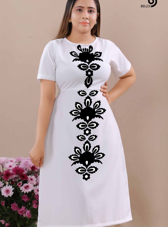 JEWEL NECK SHORT SLEEVE PRINTED WHITE DRESS