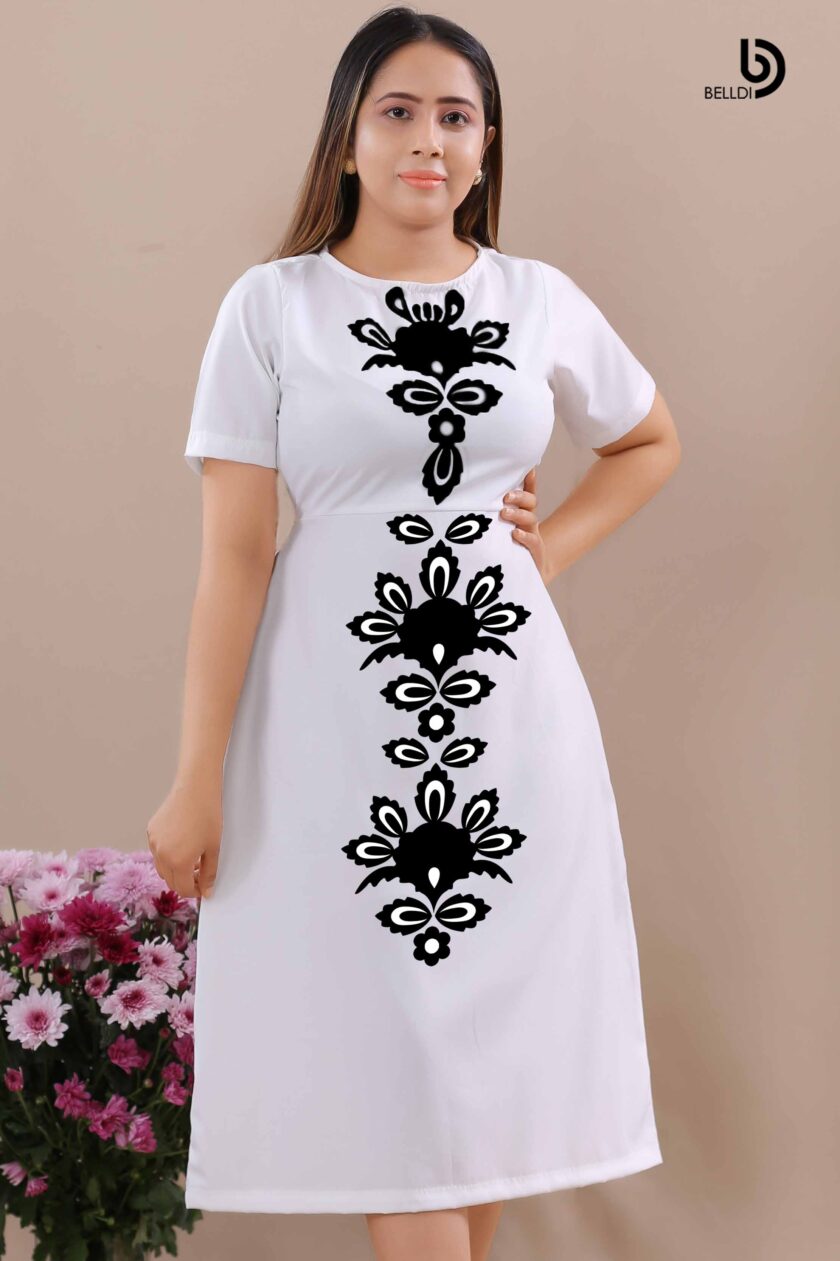 JEWEL NECK SHORT SLEEVE PRINTED WHITE  DRESS - Image 2