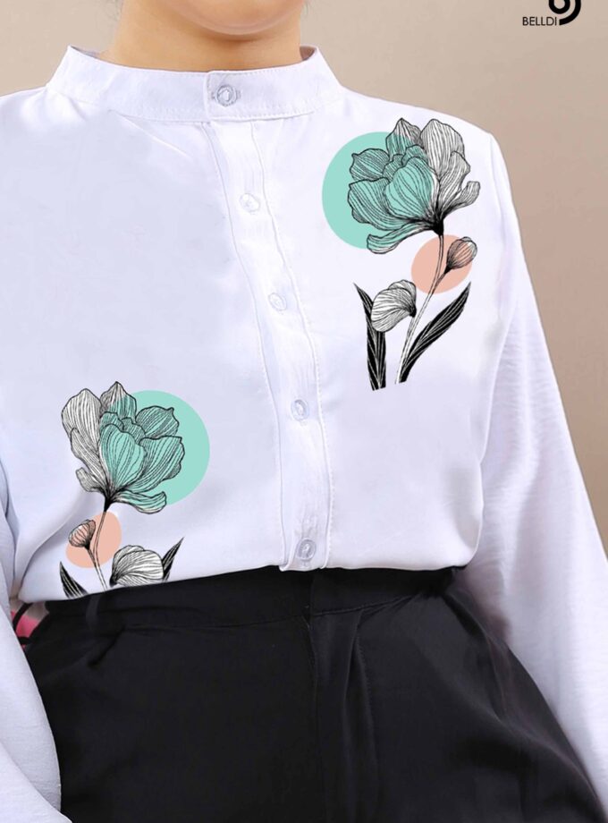 PRINTED MANDARIN COLLAR LONG SLEEVE WHITE BLOUSE