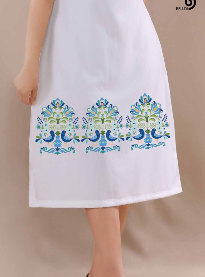 JEWEL NECK SHORT SLEEVE PRINTED WHITE DRESS