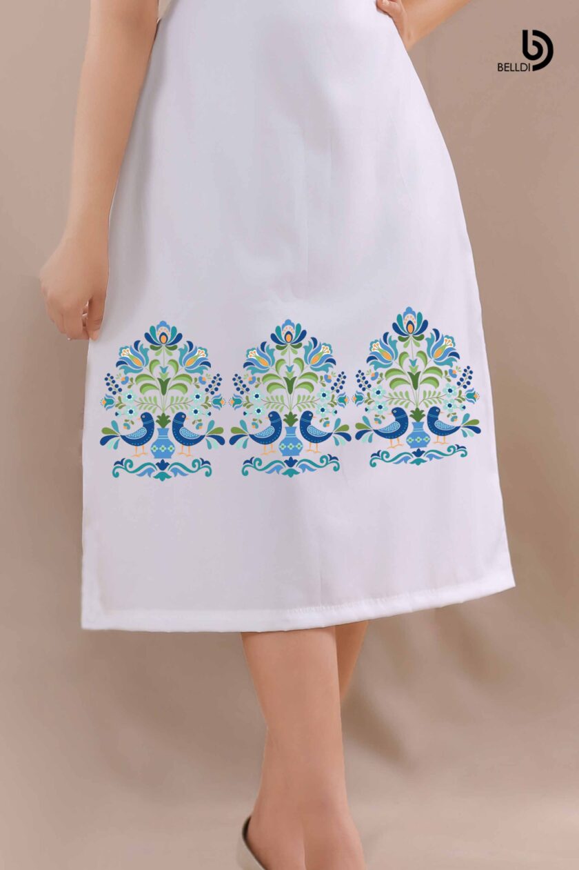 JEWEL NECK SHORT SLEEVE PRINTED WHITE DRESS - Image 3