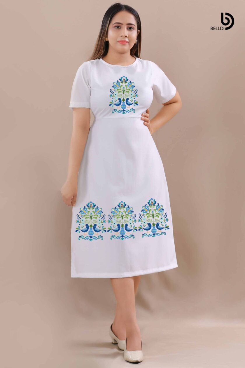 JEWEL NECK SHORT SLEEVE PRINTED WHITE DRESS