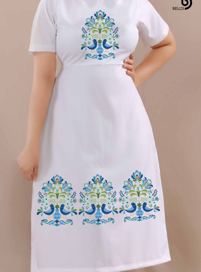 JEWEL NECK SHORT SLEEVE PRINTED WHITE DRESS