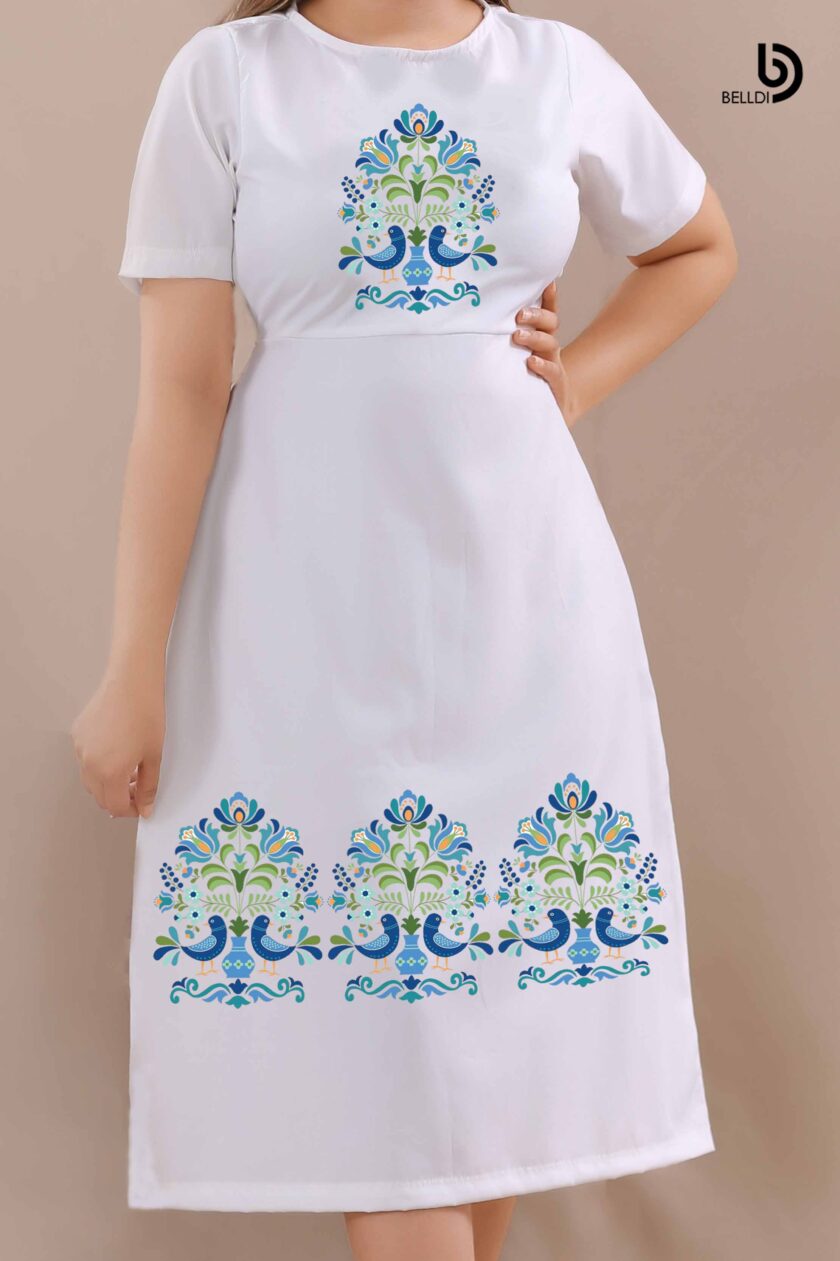 JEWEL NECK SHORT SLEEVE PRINTED WHITE DRESS - Image 2