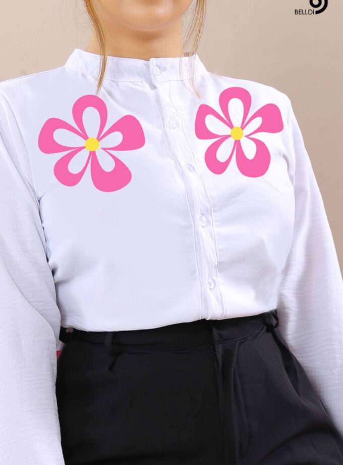 PRINTED MANDARIN COLLAR LONG SLEEVE WHITE BLOUSE
