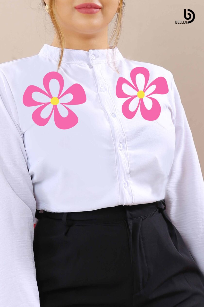 PRINTED MANDARIN COLLAR LONG SLEEVE WHITE BLOUSE - Image 3
